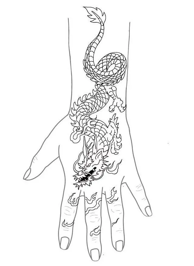 Dessin d'un main avec un tatouage de dragon