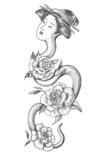 Dessin d'un serpent à tête de geisha avec des fleurs