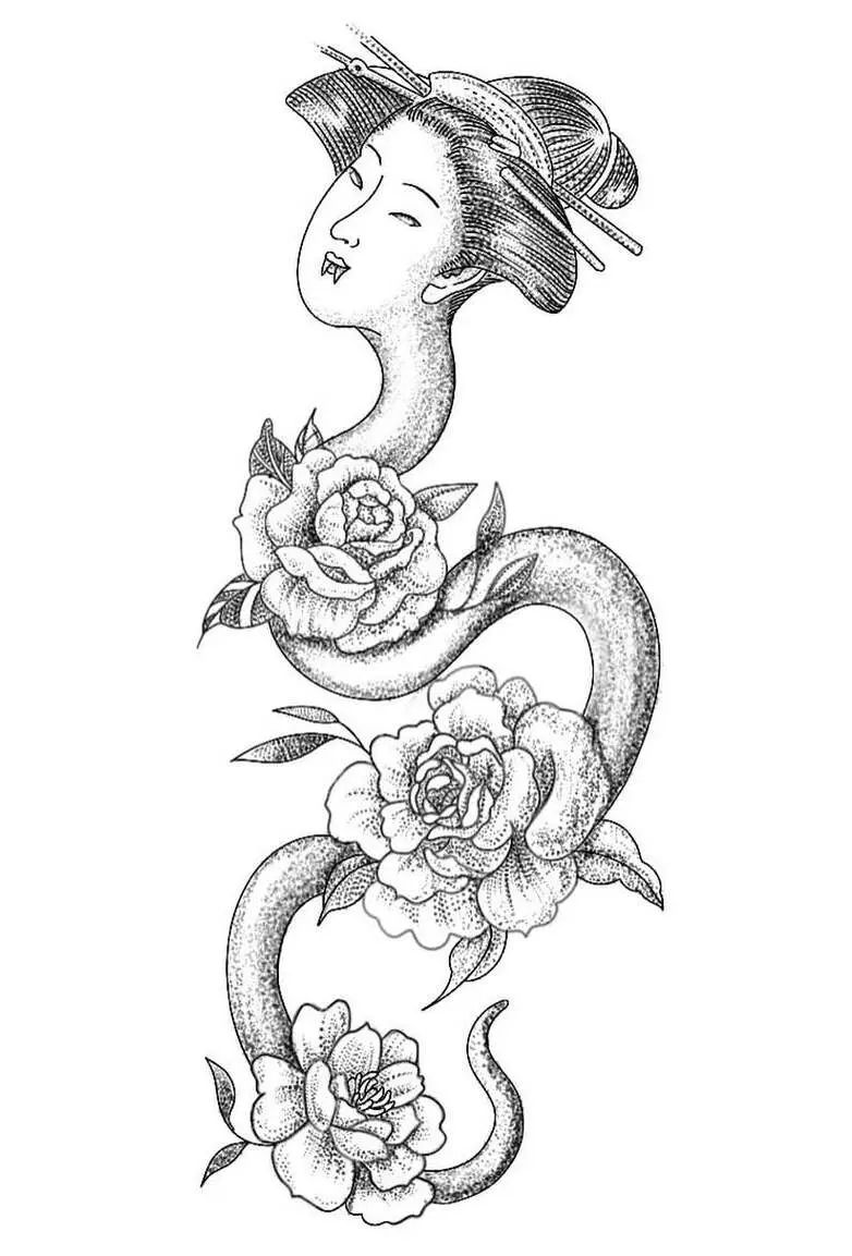 Dessin d'un serpent à tête de geisha avec des fleurs