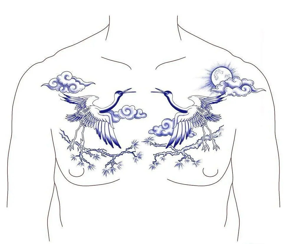 Dessin d'un torse tatoué avec des grues