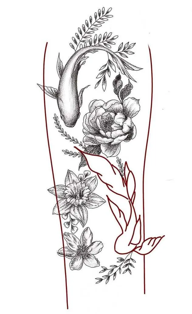 Dessin d'un bras tatoué avec des fleurs