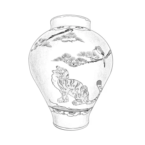 Dessin d'un vase sur lequel on peut voir un tigre et un pin