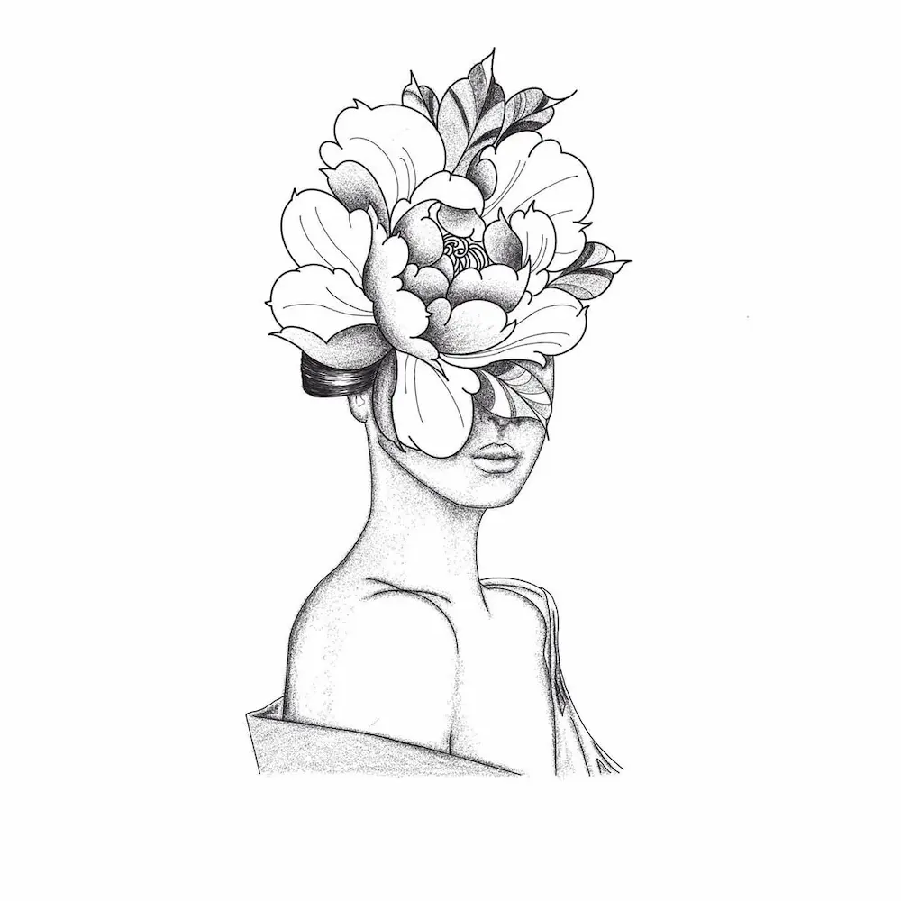 Dessin d'une femme à tête de pivoine