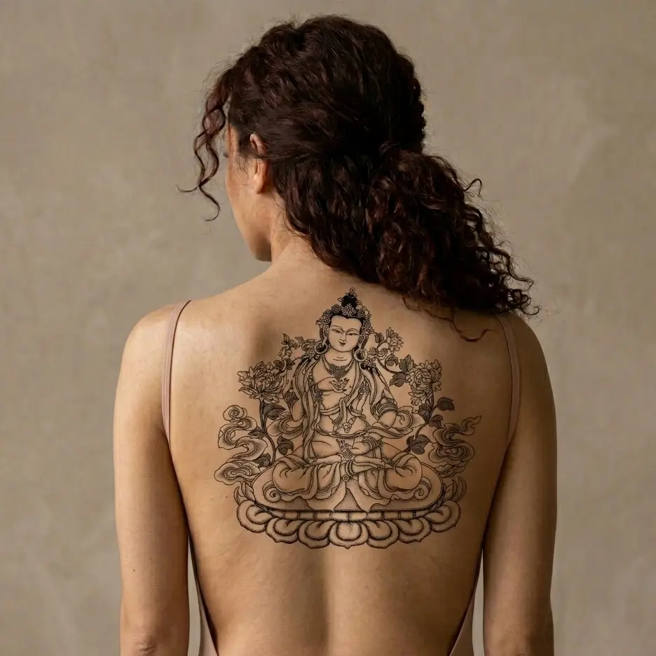 Modèle femme portant un dessin de YungTattooing (dessin d'un Bouddha entouré de fleurs)