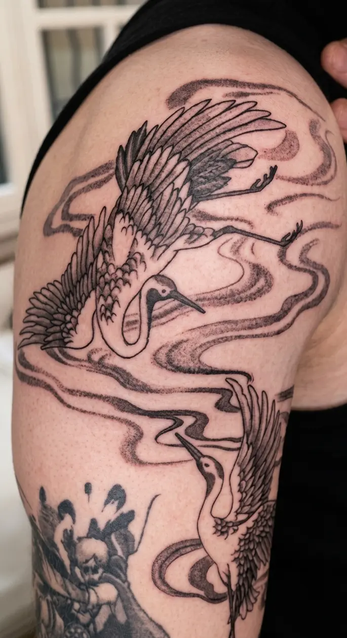 Photo d'un tatouage représentant deux grues sur un bras