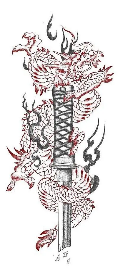 Dessin d'un dragon enroulé autour d'un poignard