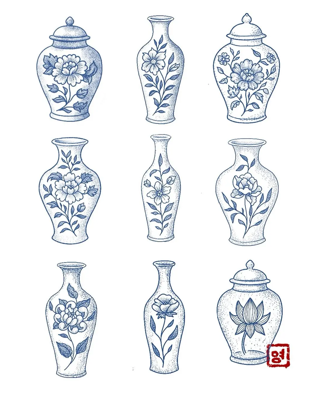 Dessins de vases bleus pour tatouages flashs