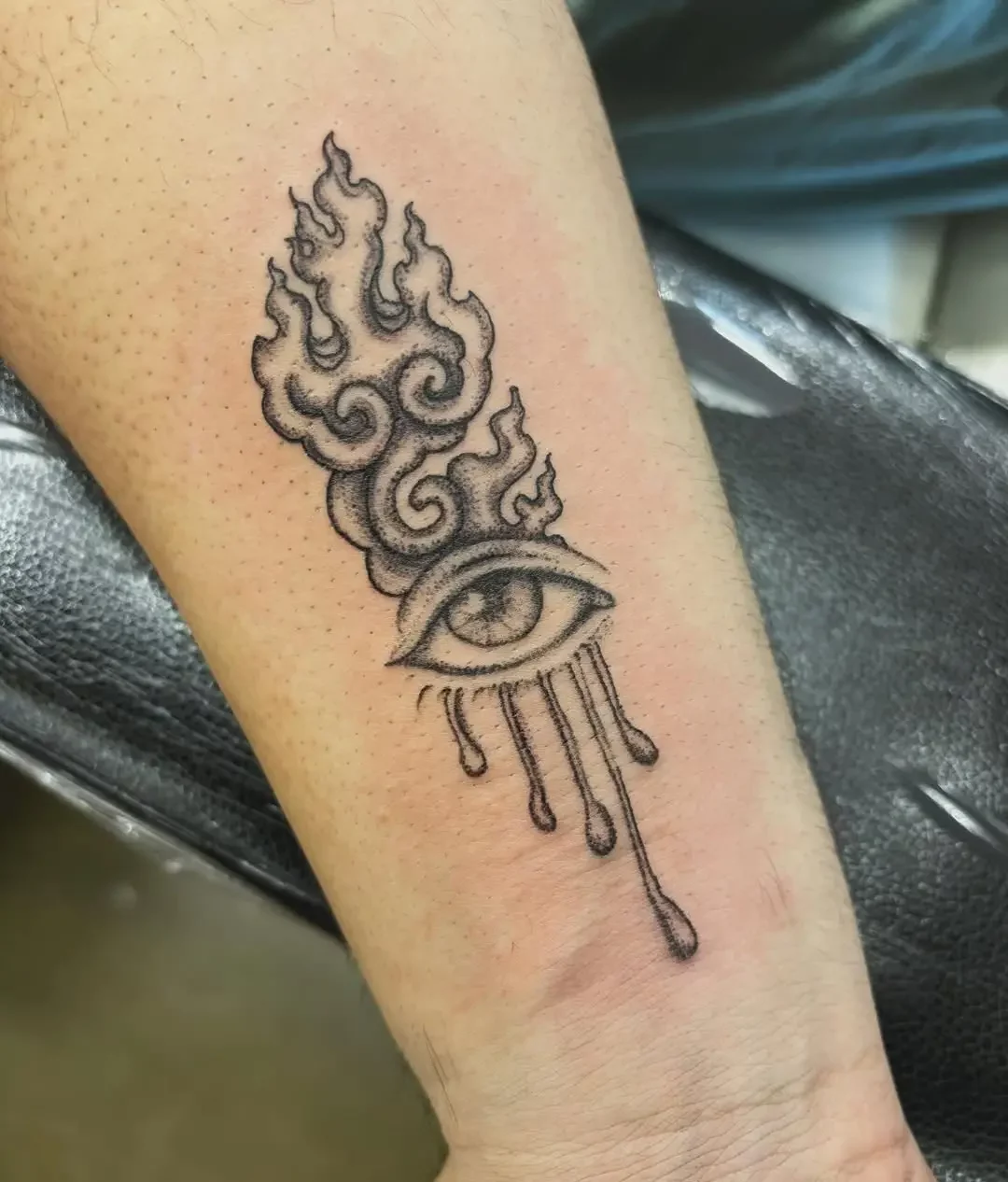 Photo d'un tatouage d'oeil avec une flamme