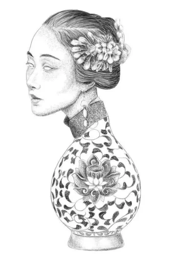 Flash pour tatouage de cicatrice représentant une geisha et un vase