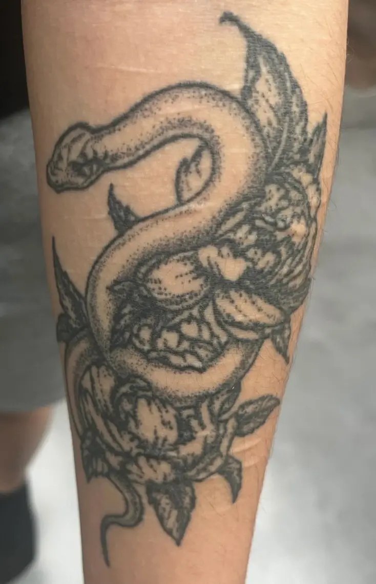 Photo de cicatrices recouvertes par un tatouage de serpent