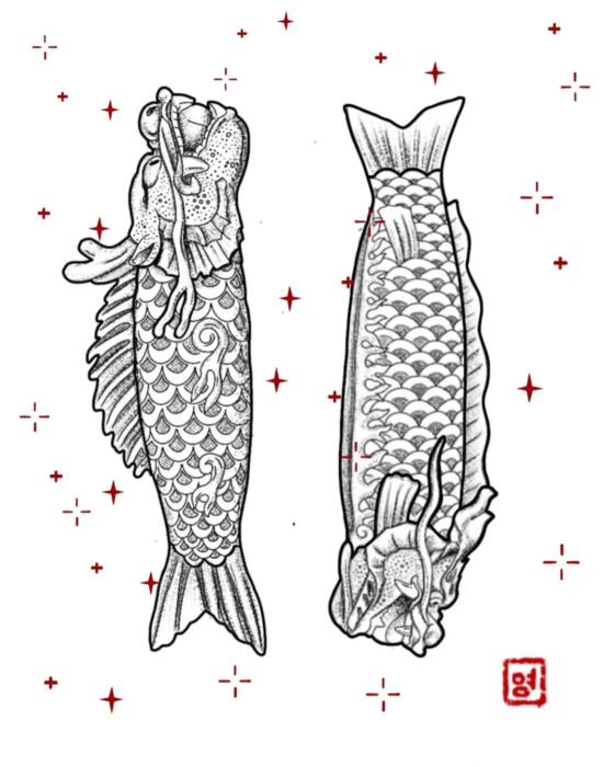 Dessin de dragons à corps de poissons