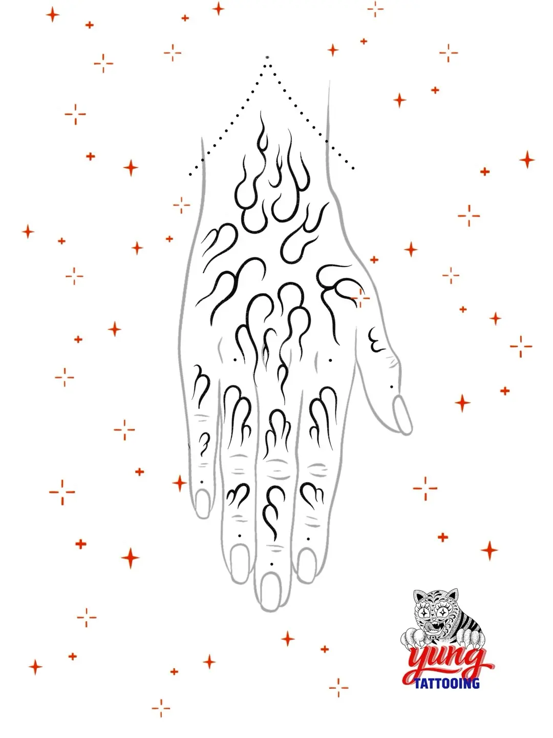 Dessin d'une main avec des tatouages de flammes