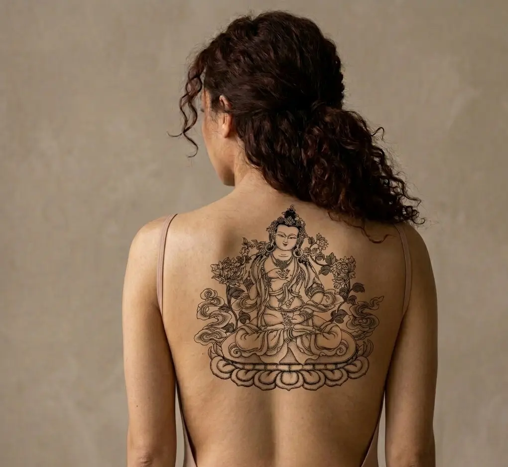 Modèle femme portant un dessin de YungTattooing (dessin d'un Bouddha entouré de fleurs)