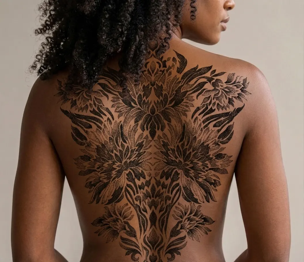 Photo d'un modèle féminin portant un dessin de YungTattooing (tatouage floral pour dos complet)