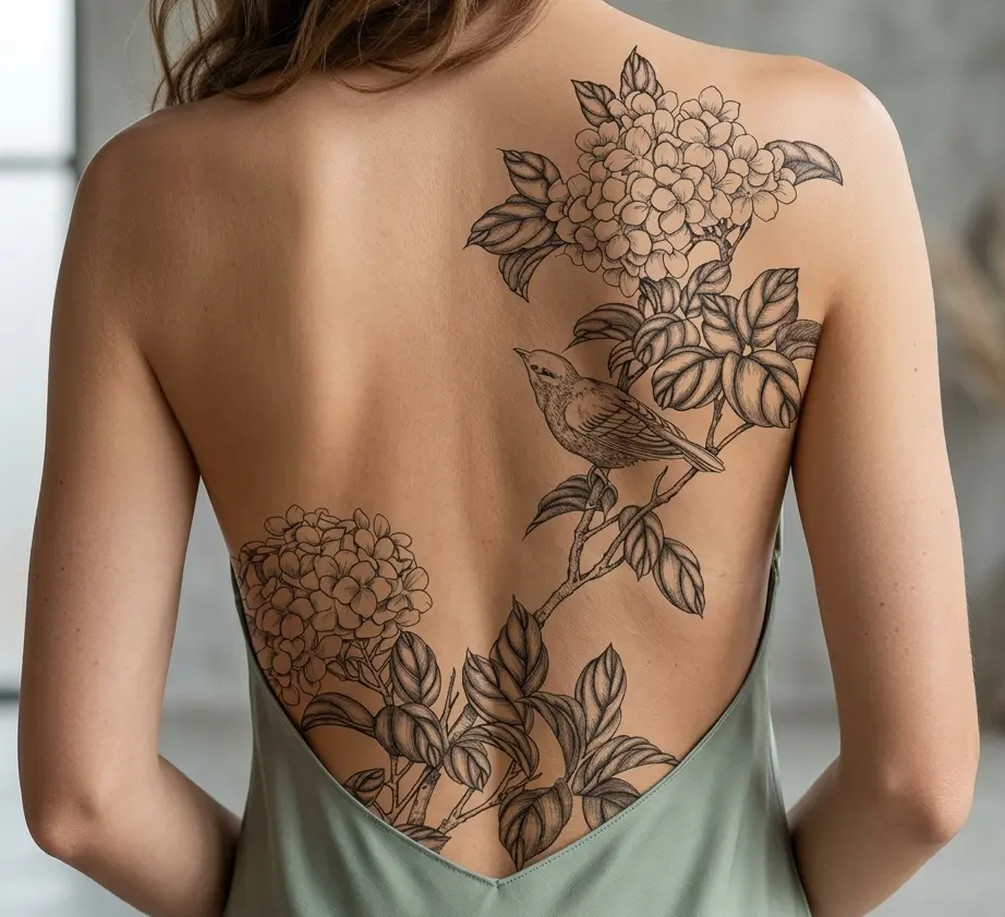Modèle femme portant un dessin de YungTattooing (hortensias et oiseau)