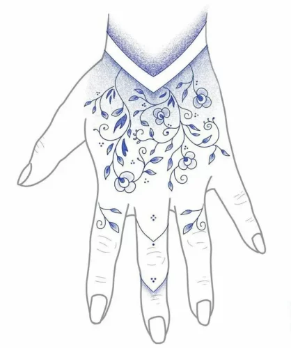 Dessin d'un tatouage bleu pour une main complète