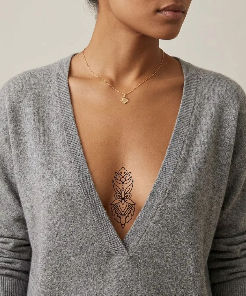 Dessin de tatouage YungTattooing sur un modèle (tatouage ornemental sur le sternum)
