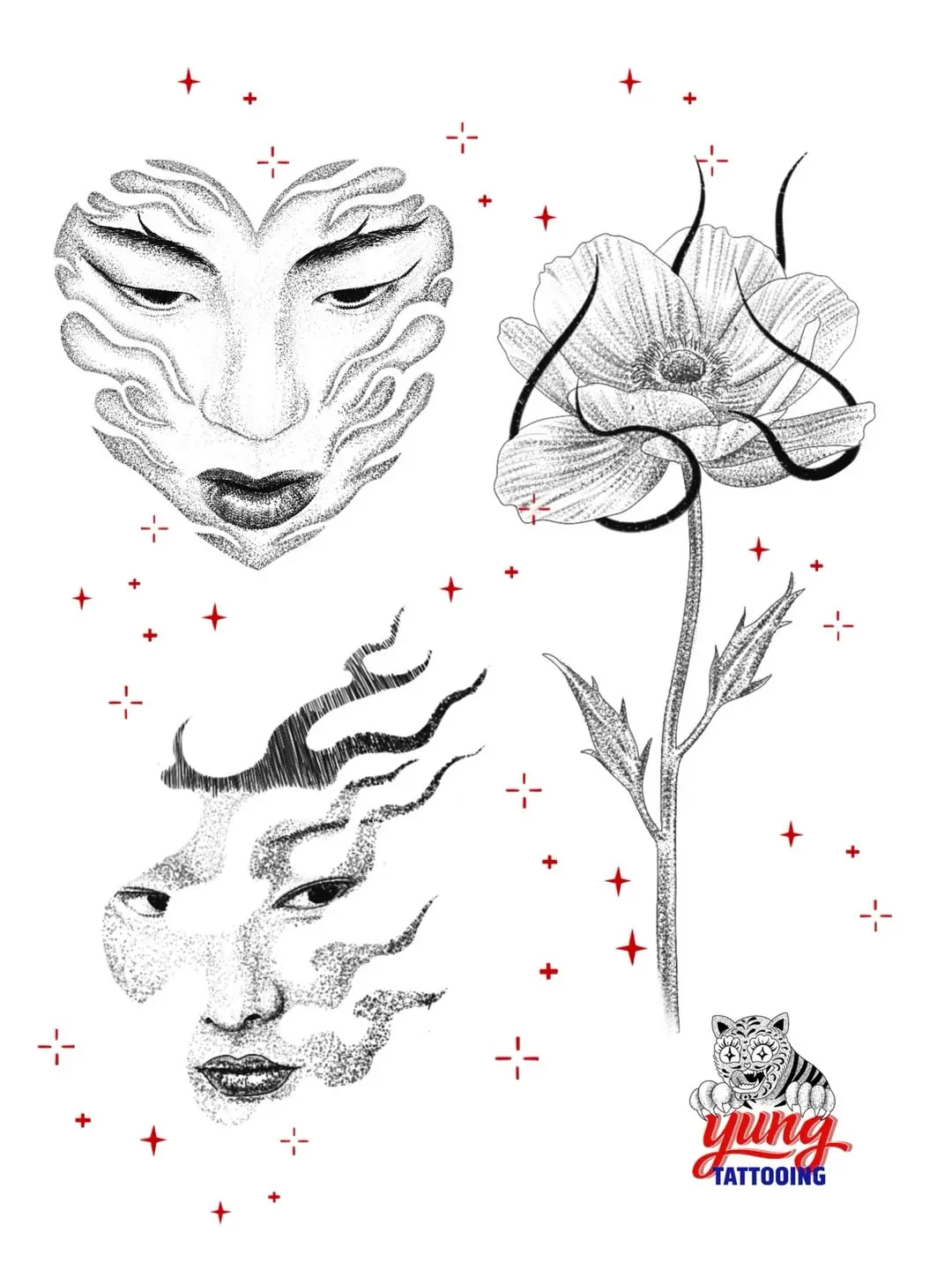 Dessin de visages et de flammes pour tatouage