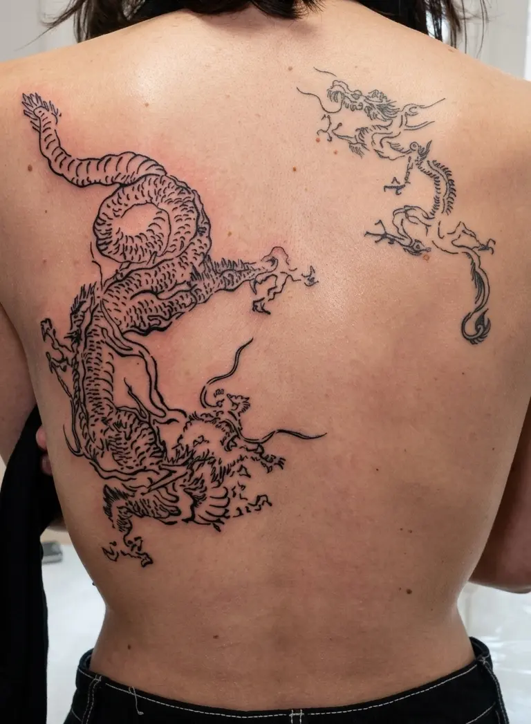 Photo d'un dos tatoué avec un dragon
