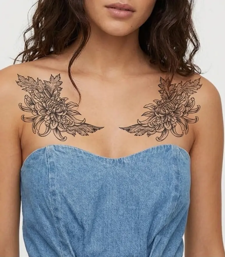 Dessin de tatouage YungTattooing sur un modèle (tatouage floral symétrique)