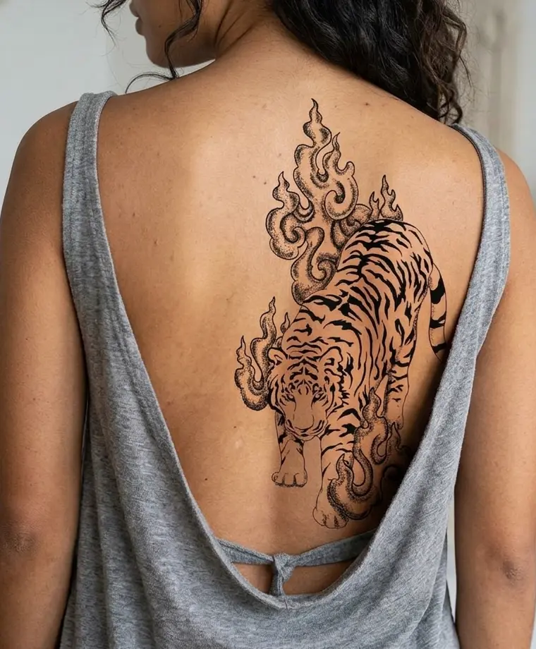 Dessin de tigre YungTattooing sur un modèle pour donner une idée d'emplacement