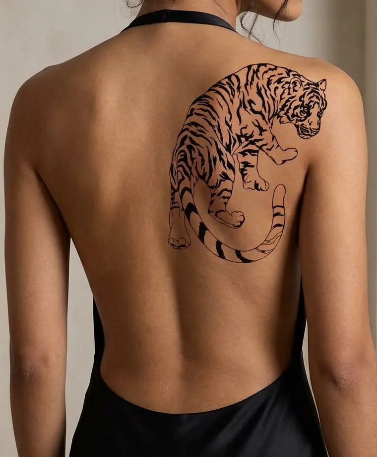 Dessin de tigre YungTattooing sur un modèle pour donner une idée d'emplacement
