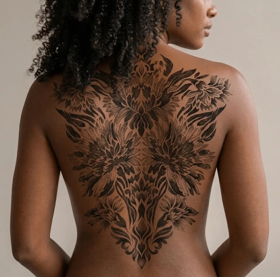 Photo d'un design ornemental floral créé par YungTattooing sur un modèle femme